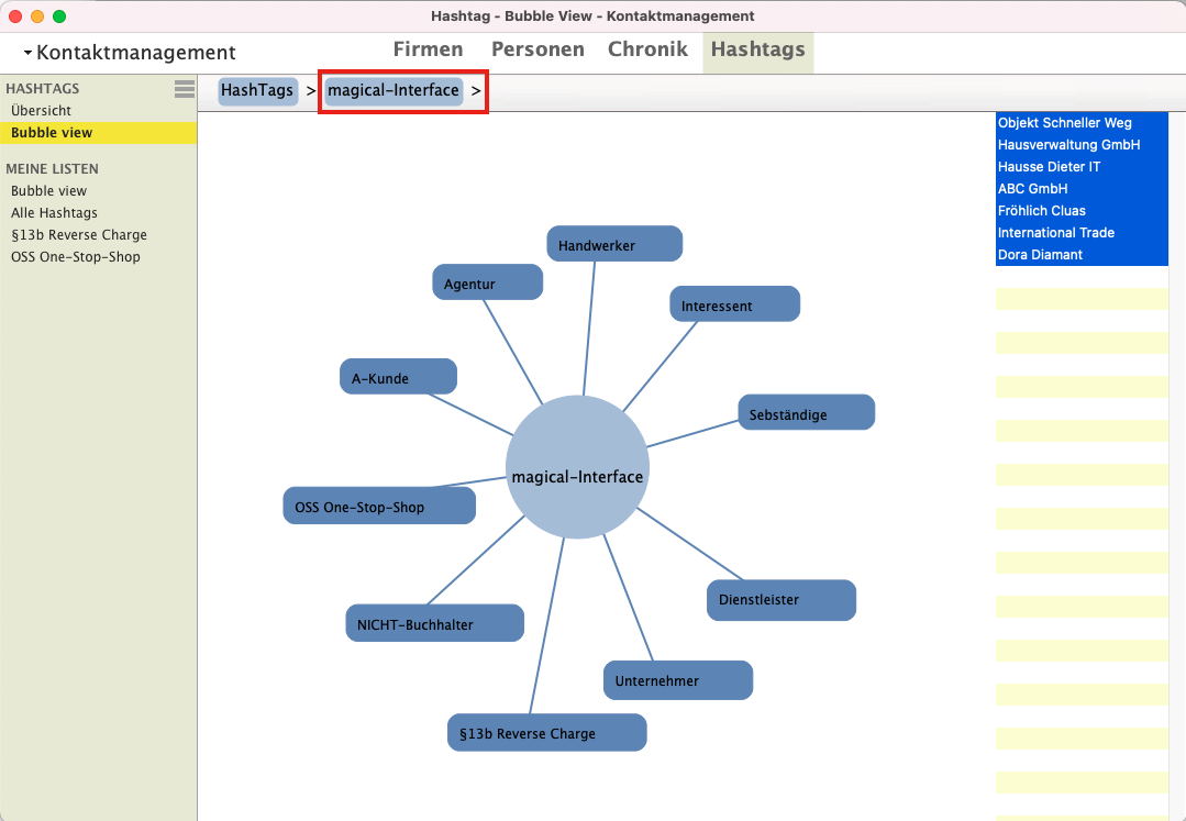 Modul Firmen: Beziehung Kunden und Lieferanten sichtbar machen mit Hashtags und Bubble View
