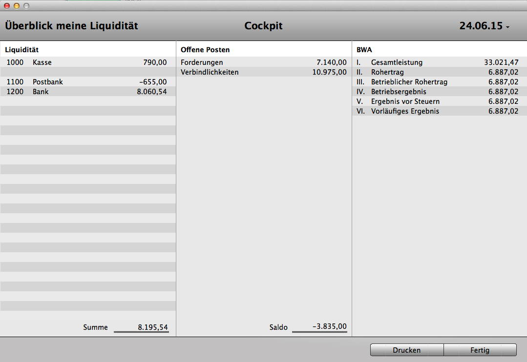Liquidität Apple Mac OS X, Cockpit Gewinn BWA
