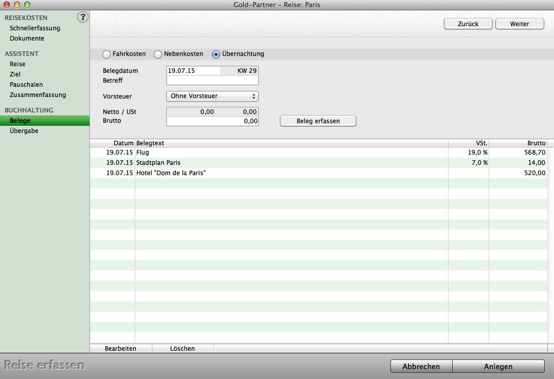 Mac Belege, Reisekosten Tool, buchen