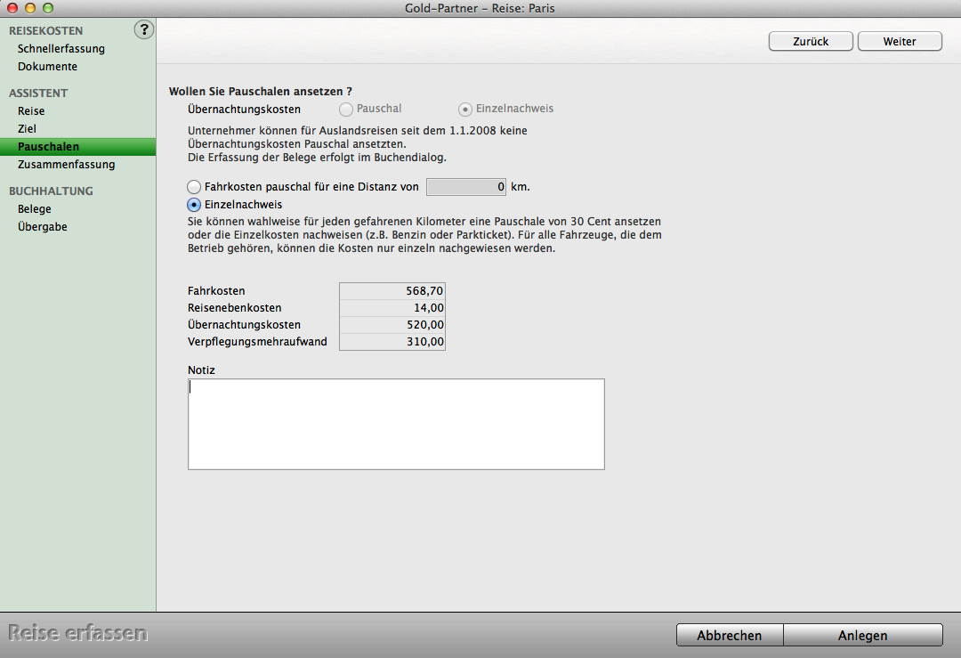 Mac Reisekosten Tool, Pauschalen, Nebenkosten