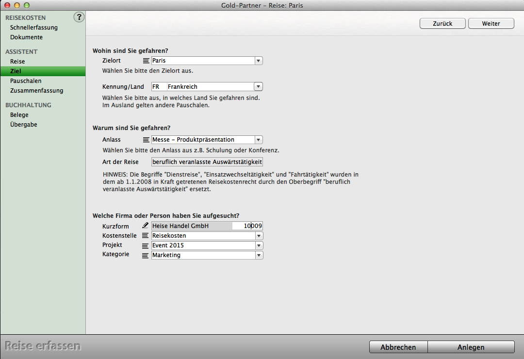 Mac Tool Reisekosten abrechnen (Start, Ziel)