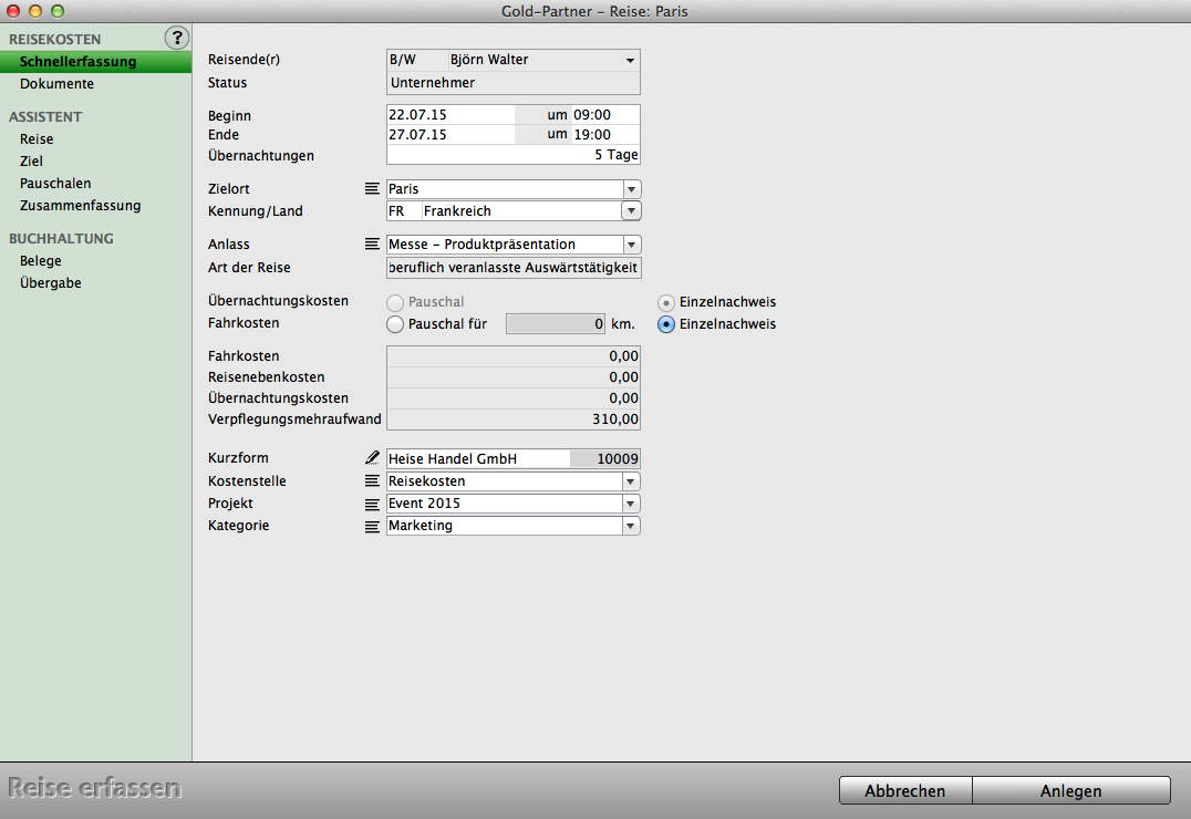 Mac Reisekosten Schnellerfassung Tool